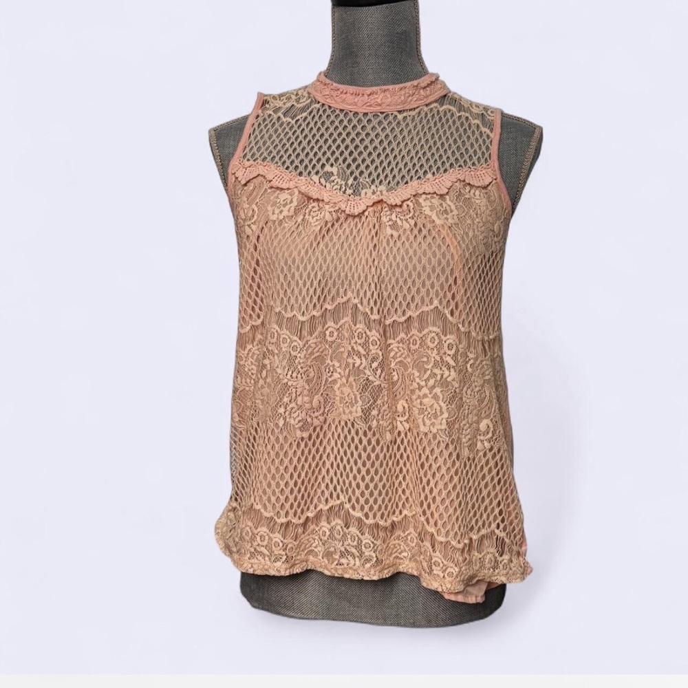 Jolt Sz Med Pink Cream Lace High Neck Sleeveless Tank Top Blouse Coquette Fairy‎